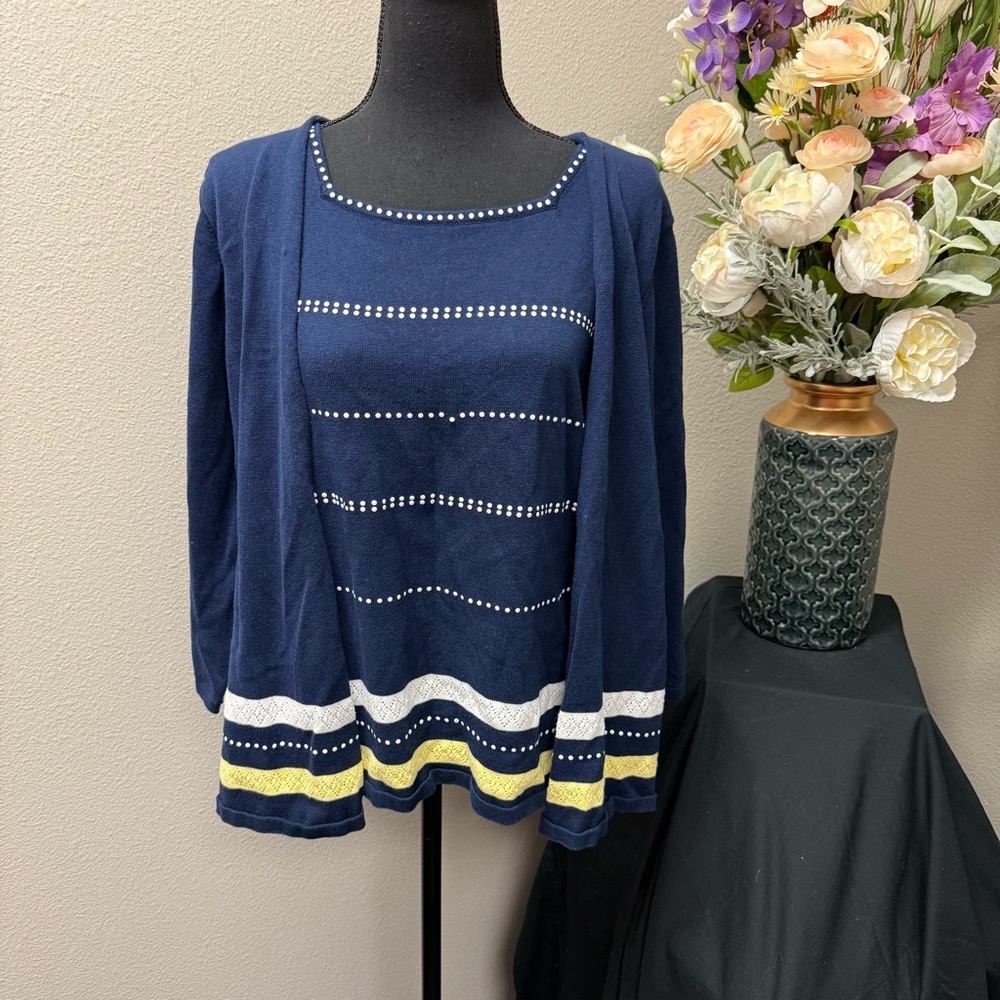 Alfred Dunner XL Navy Stripe Dot Knit Sweater Twinset Top Layering Spring